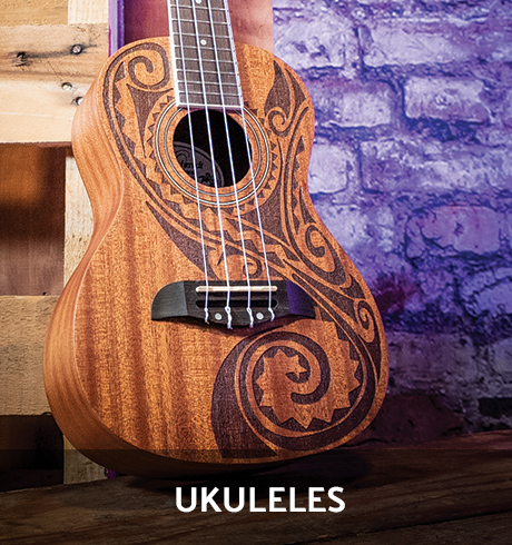 Close-up of an Oscar Schmidt ukulele body showing wood grain and sound hole